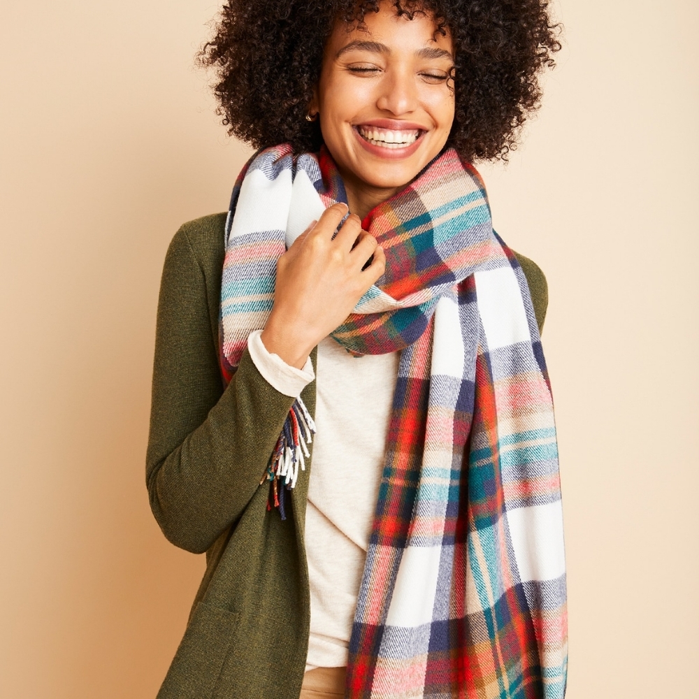 New! J Crew White Juniper Large Check Plaid Scarf NWT